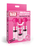 Size Matters MAXtwist Clit & Nipple Triple Sucker Set Pink packaging featuring three suction devices for enhanced pleasure.