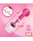 Size Matters MAXtwist Clit & Nipple Triple Sucker Set Pink dimensions with suction detail and phthalate-free feature.