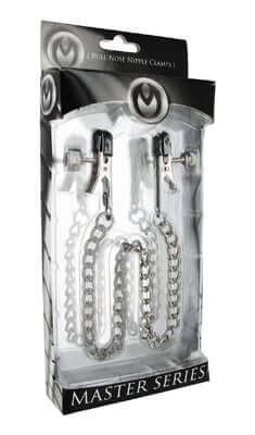 Master Series Ox Bull Nose Nipple Clamps in packaging with adjustable tension and vinyl-coated tips for nipple play.