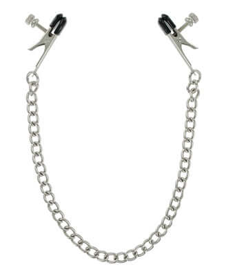 MASTER SERIES Ox Bull Nose Nipple Clamps with adjustable tension and vinyl-coated tips on a silver chain. Perfect for intense nipple play.
