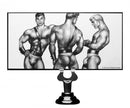 Tom Of Finland Anal Plug Extra Large Silicone Black showcased with iconic erotic art featuring muscular men.