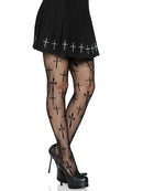 Leg Avenue Worship Me Cross Net Tights 1X/2X Black worn with a black skirt and high heels, featuring a cross motif.