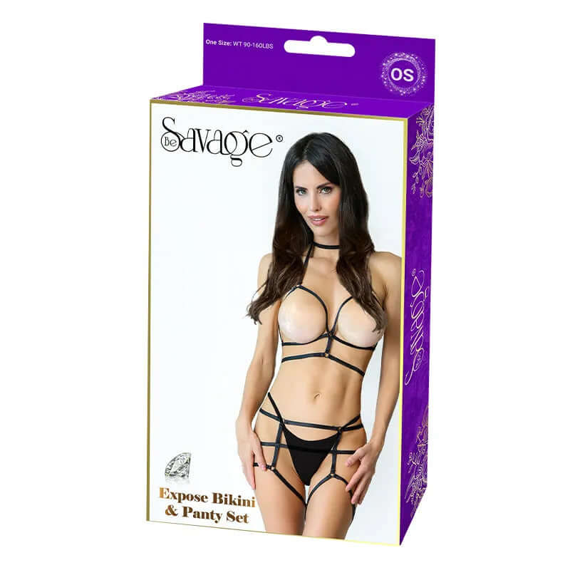 Expose Bikini and Panty Set in Black packaging featuring model, highlighting sensual design and adjustable fit.