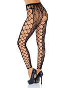 Leg Avenue Footless Leopard Lace Crotchless Tights Black displayed with high-heeled shoes, showcasing bold lace design.