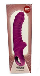 Fun Factory Tiger G-Spot Vibrator Magenta in packaging, showcasing its flexible silicone design for stimulation.
