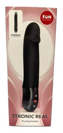 Fun Factory Stronic Real Thrusting Pulsator Black packaging showcasing dynamic design and pulsator technology.