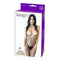 Cupless criss bodystocking lingerie in black packaging with model, showcasing seductive design and fishnet texture.