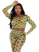 2 Pc Net Crop Top and Footless Tights One Size Neon Green model showcasing bold fishnet design and flirty silhouette.