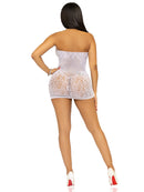 Leg Avenue Rhinestone Lace and Net Mini Dress One Size White displayed from the back, showcasing delicate lace and sheer net details.