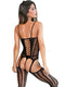 Sexy black stripe bodystocking lingerie featuring a lace-up back and open design, emphasizing a seductive silhouette.