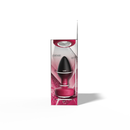 Eluxe Vibrating Anal Plug Small Ruby Ombre With Remote in packaging, showcasing size and design details.