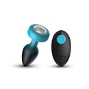 Eluxe Small Vibrating Anal Plug Clear Gem Blue Ombre with remote control, showcasing a sparkling gem and sleek design.