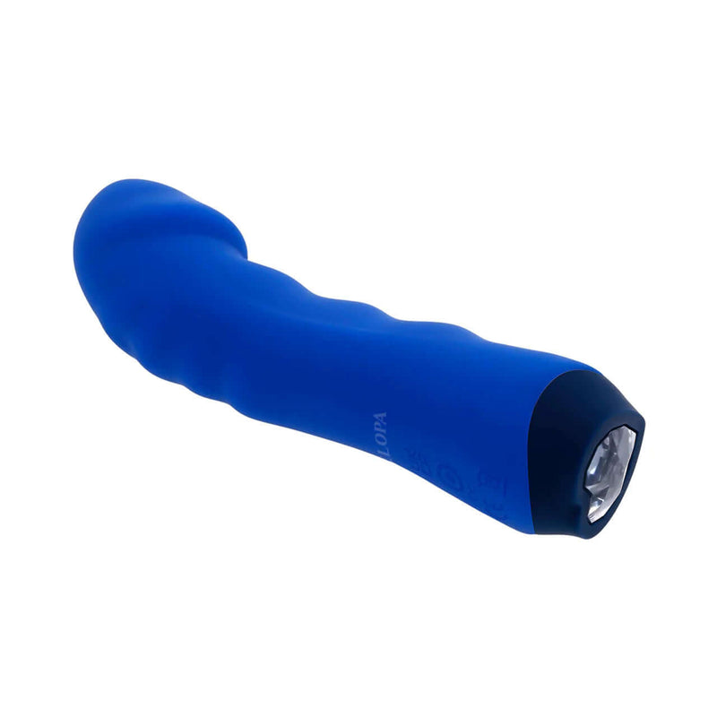 Selopa Blue Banger Petite Vibrator with Curved Head and Textured Shaft, featuring 10 vibrating speeds and a heart-shaped gem button.