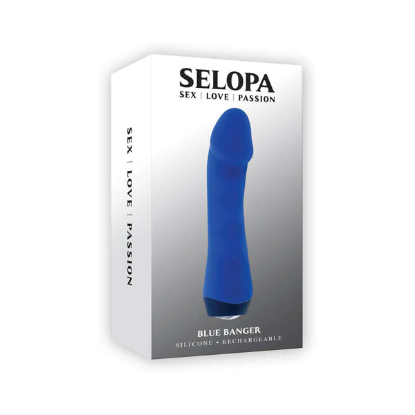 Selopa Blue Banger Petite Vibrator packaging featuring curved phallic head and 10 speeds for targeted stimulation.