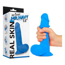 Get Lucky Real Skin Mr Navy 7.5 Inch Dual Layer Dildo displayed with packaging, showcasing its lifelike design and bold color.