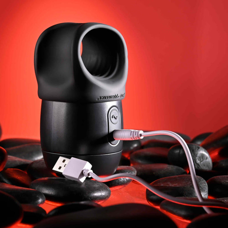 Zero Tolerance Wet It Be vibrating lubricating stroker ring with USB charger on a black and red background.