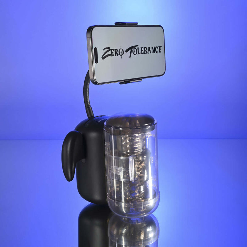 Zero Tolerance Hold Me Tight Heated Stroker Black with phone mount for immersive pleasure experience.