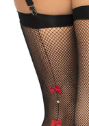 Leg Avenue Bow Backseam Fishnet Thigh Highs Black One Size featuring red bows and rhinestones on fishnet stockings.