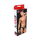 Envy Low Rise Microfiber Zip Thong Medium/Large Black packaging featuring bold design and model.