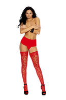 Elegant Moments Heart Net Thigh High Stockings Red on model showcasing playful, romantic look with heart-patterned net.