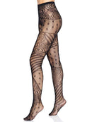 Leg Avenue Doll Net Tights One Size Black showcasing a unique design with swirls, stripes, and dots in classic black fishnet.