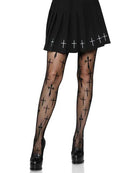 Leg Avenue Worship Me Cross Net Tights 1X/2X Black paired with a black pleated skirt and high heels.