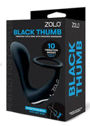 "ZOLO Black Thumb Vibrating C-Ring with Prostate Massager packaging with 10 vibration modes highlighted"
