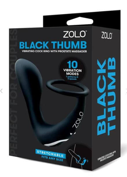 "ZOLO Black Thumb Vibrating C-Ring with Prostate Massager packaging with 10 vibration modes highlighted"