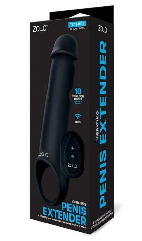 ZOLO Vibrating 8" Penis Extender packaging featuring 10 vibration modes for effortless size enhancement.