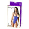 Sheer open bust bodysuit lingerie packaging in blue, showcasing a model wearing the product with elegant design details.