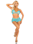 Leg Avenue Lace Bra Top and Keyhole Back Boyshorts Turquoise in vibrant color on model.