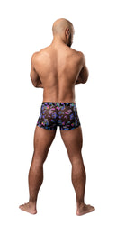 Male Power Hazy Dayz Pouch Short Large Mushroom showcased on a model from the back, displaying its unique mushroom print.