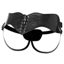 Strict Leather Corset Strap On Harness Black with lace-up back and curling designs for stylish strap-on play.