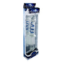 Prisms Nyasa Glass Dildo Clear With Blue Accent in elegant packaging, showcasing its tulip tip and coiling ridges.