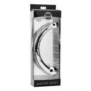 Master Series Chrome Crescent Dual Ended Dildo packaged in a clear box showcasing its elegant design.
