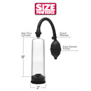 Size Matters Beginner Penis Pump Black with see-thru cylinder and easy squeeze pump features.