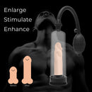 Size Matters Beginner Penis Pump Black with enlarging and stimulating features, showcasing before and after results.
