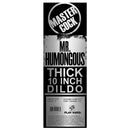 Master Cock Mr Humongous Thick 10 Inch Dildo Flesh packaging with details and specifications.