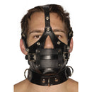 Strict Leather Premium Muzzle with Blindfold and Gags on a model for sensory control in bondage.