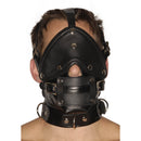 Strict Leather Premium Muzzle with Blindfold and Gags on a model, featuring adjustable straps and premium leather.