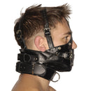 Strict Leather Premium Muzzle with Blindfold and Gags on a model showcasing its adjustable leather straps