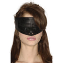 Strict Leather Upper Face Mask Small Medium Black covering the eyes of a model, enhancing sensory deprivation.
