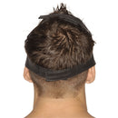 Person wearing the back view of a Strict Leather Upper Face Mask Small Medium Black to enhance sensory play.