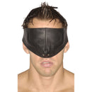 Strict Leather Upper Face Mask Small Medium Black worn by a model, designed for sensory deprivation and bondage play.