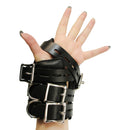 Strict Leather Four Buckle Suspension Cuffs securely fastened on a hand, showcasing durable leather construction.