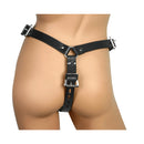 Strict Leather Male Chastity Device Harness showcasing lockable leather design and adjustable thong-style straps.