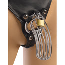 Strict Leather Male Chastity Device Harness close-up, featuring lockable leather design and metal restraints.