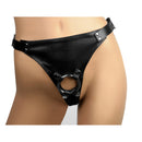 Strict Leather Male Chastity Device Harness shown on mannequin, featuring lockable leather design and ring detail.