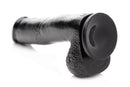 Mighty Midnight 10 Inch Black Dildo with Suction Cup showcasing flexible PVC construction and glossy finish.
