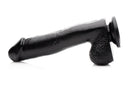 Mighty Midnight 10 Inch Black Dildo with Suction Cup side view showcasing its glossy black shaft and suction base.